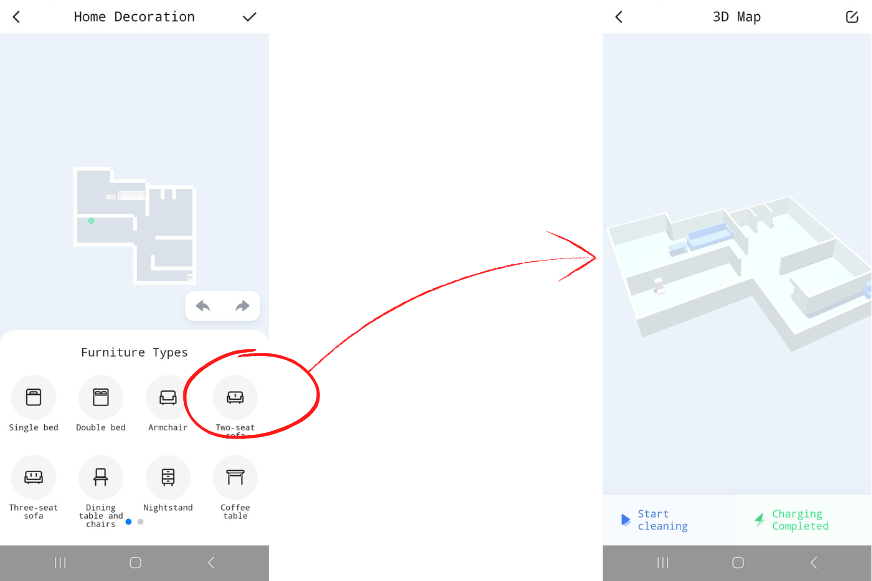 Предметы мебели размещаются на 3D-карте Dreame L10s Ultra методом перетаскивания.